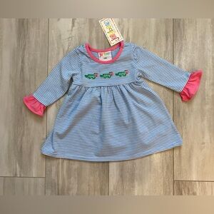 NWT Jellybean See Ya Later Blue Striped Alligator Dress with Pink Ruffle, 12M